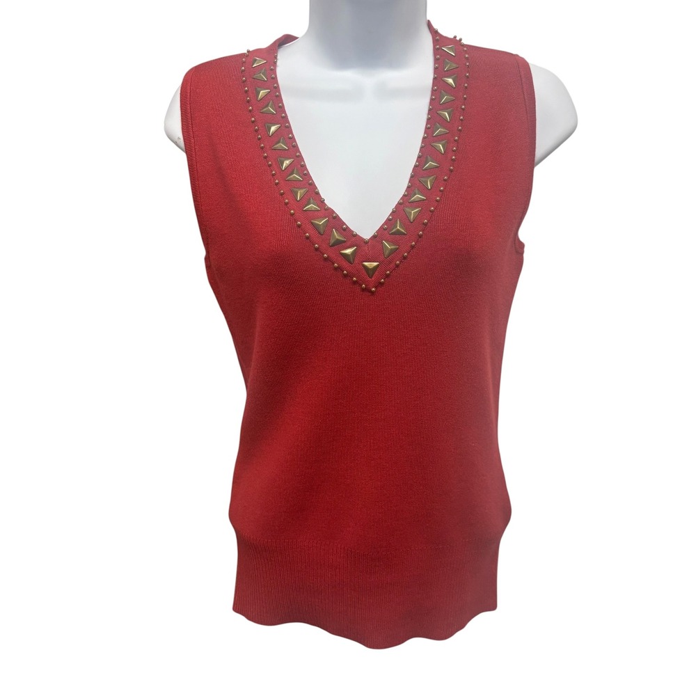 Willi Smith Womens Red Studded V-Neck Sleeveless Knit Sweater Vest Top Small